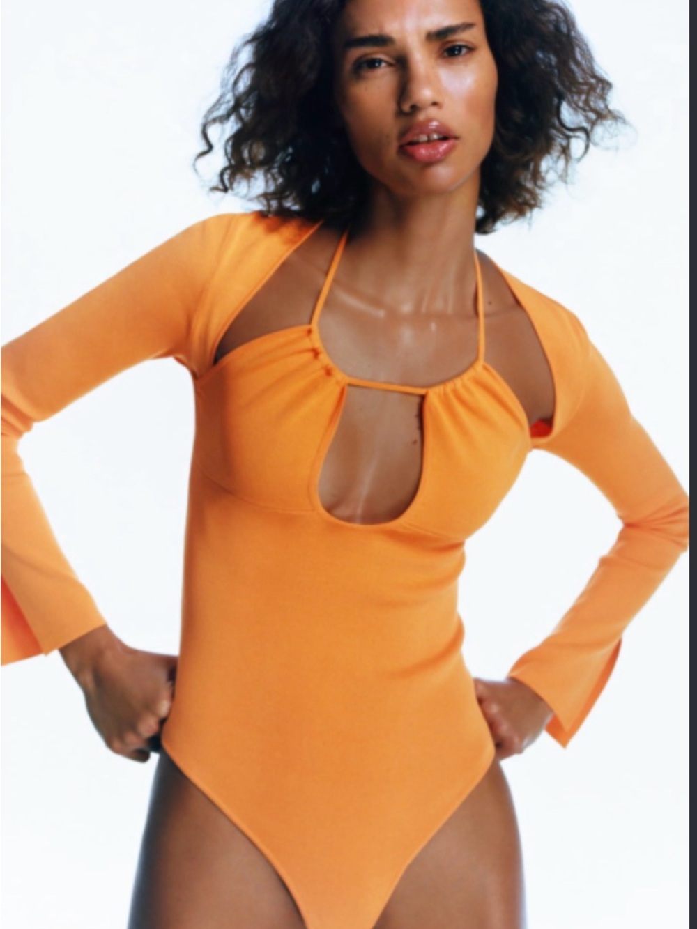 Zara Orange Cutout Halter Long-Sleeve Bodysuit